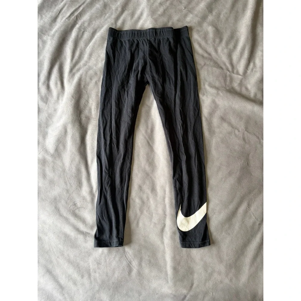 Nike Girls‎ Black Big Swoosh Logo Leggings Tights Size Medium M Activewear